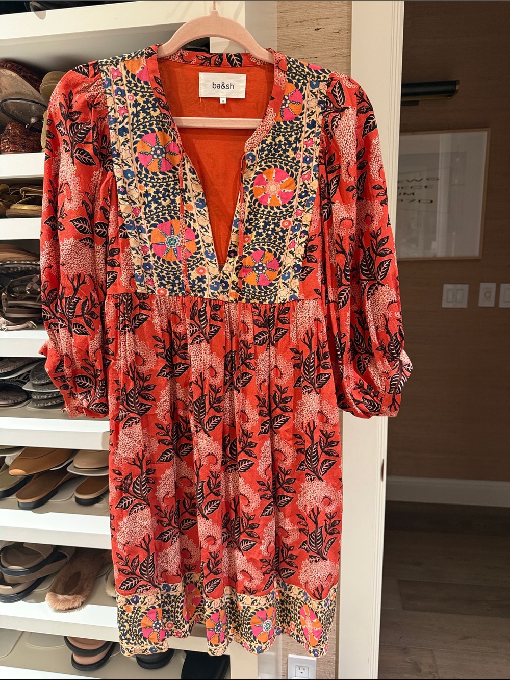 ba&sh Red Coral Floral Printed Midi Dress